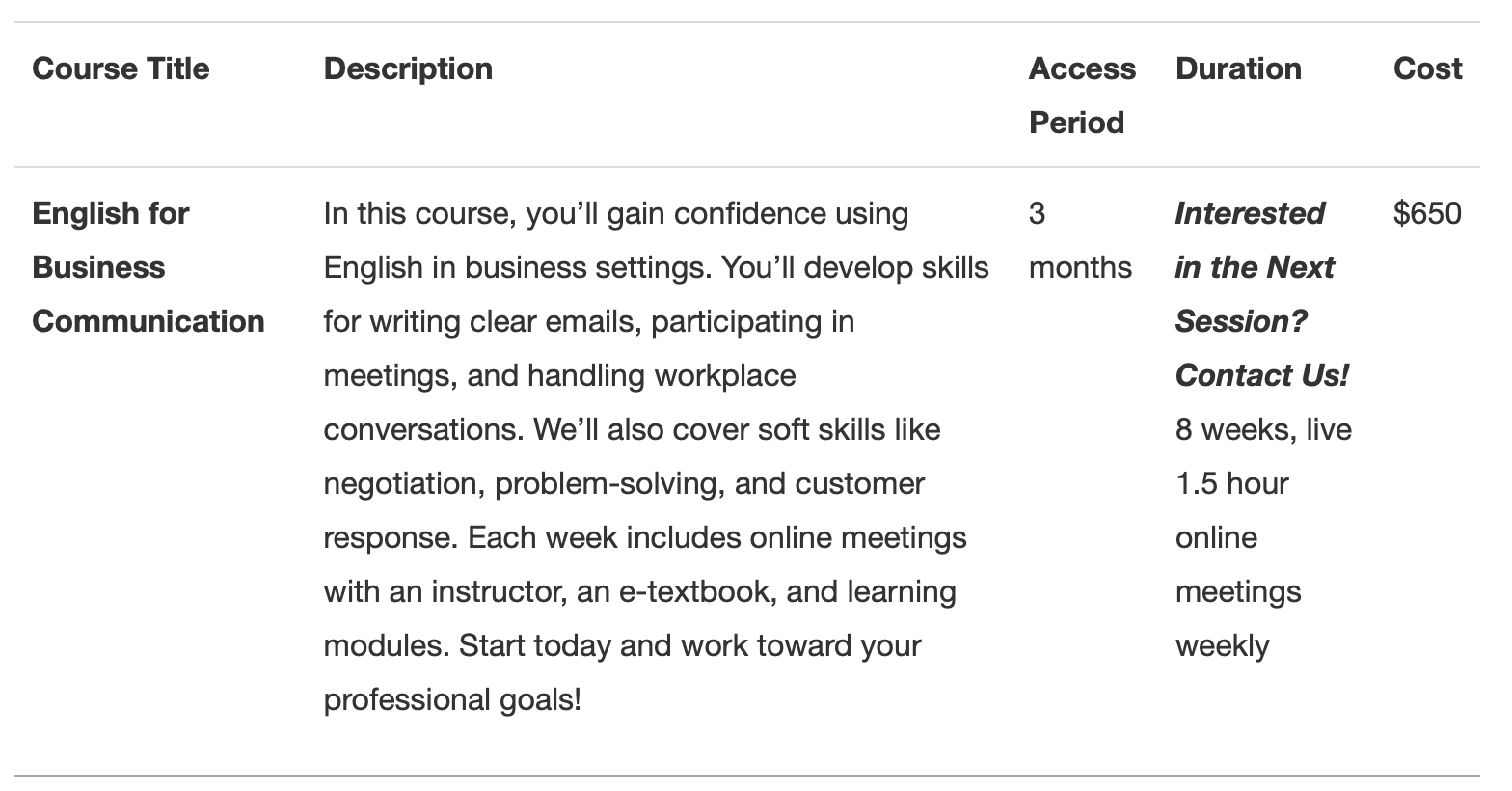 Table displaying the English for Business Communication course. This 8-week course helps students build confidence using English in business settings. It covers writing professional emails, participating in meetings, handling workplace conversations, and developing soft skills such as negotiation, problem-solving, and customer service. The course includes weekly live online meetings, along with an e-textbook and learning modules. The access period is 3 months. Cost is $650. Interested students are encouraged to contact the program for the next available session.